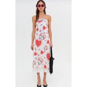 For Love & Lemons Daisy Mae Whimsical Cherries Heart Strapless Midi Dress small